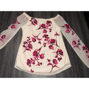 WHBM Floral Sequin Mesh Off Shoulder Top XXS Romantic Boho Cottagecore